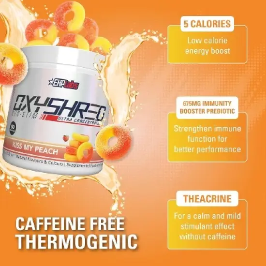 EHPlabs OxyShred Non Stimulant Pre Workout Powder & Fat Burner - Caffeine & Sugar Free Preworkout Energy Powder - Peach, 60 Servings image {2}