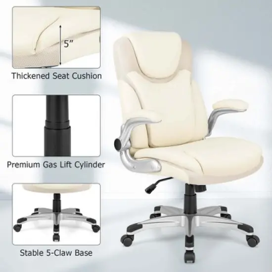 Costway Ergonomic Office Chair PU Leather Executive Swivel with Flip-up Armrests Brown/White/Black image {4}