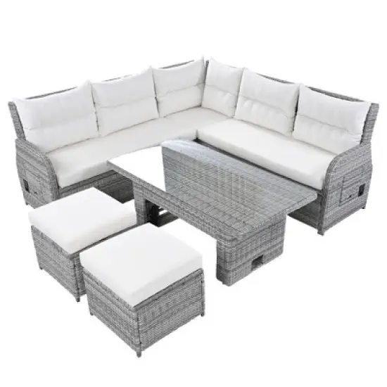 FIONECA Outdoor Patio Rattan Furniture Set with Adjustable Table, Recliners & Ottomans &uml;C Beige, Perfect for Backyard, Lawn, or Pool image {12}