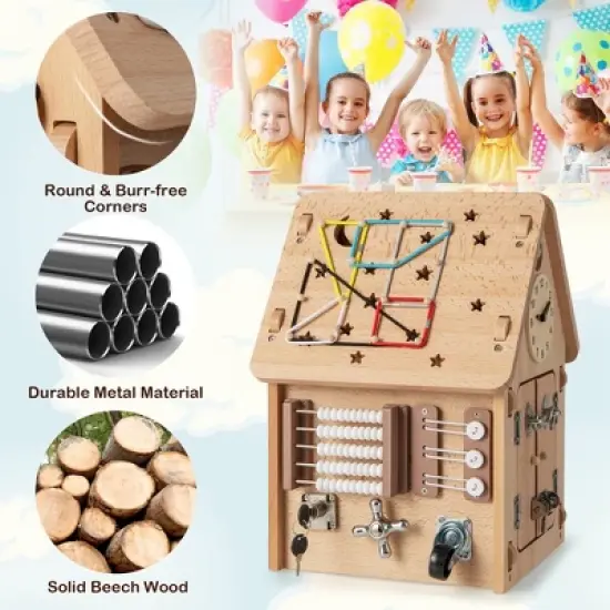 Costway Wooden Busy House Montessori Toy with Sensory Games & Interior Storage Space image {8}