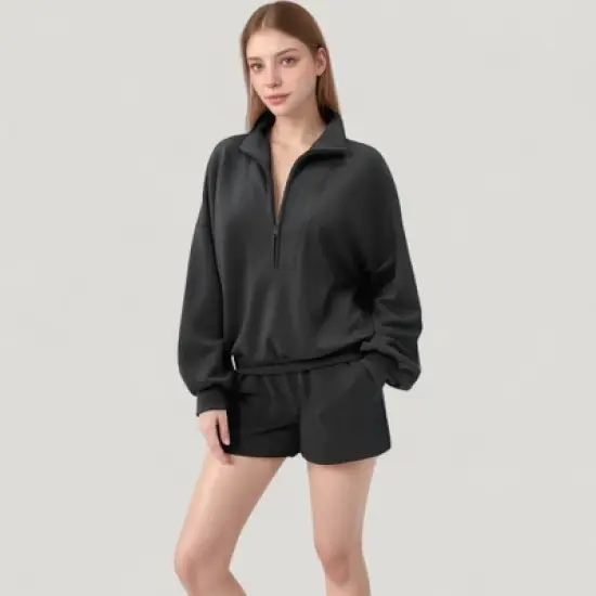 Anna-Kaci Active Women's Long Sleeve Woven Half Zip Pullover Top with Stand Collar and Elastic Cuffs image {1}