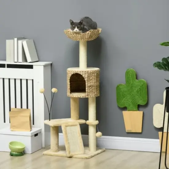 MaseiKar 45" Cat Tree for Indoor Cats, Cat Tree Tower with Scratching Posts, Ramp, Condo, Toy Balls, Platforms, Bed, Ramp, Beige image {1}