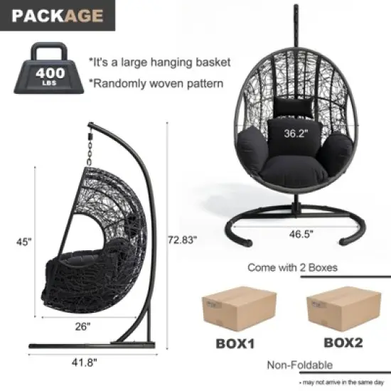 FURNIinspire Patio Swings Hanging Chair With Seat Cushion For Relaxation, Outdoor Indoor Wicker Swing Egg Chair With Stand, Gray, 42&ldquo;*47"*73" image {2}