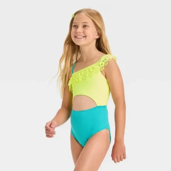 Girls' 'Beach Dreams' Solid One Piece Swimsuit - Cat & Jack&trade; Yellow/Light Blue image {3}