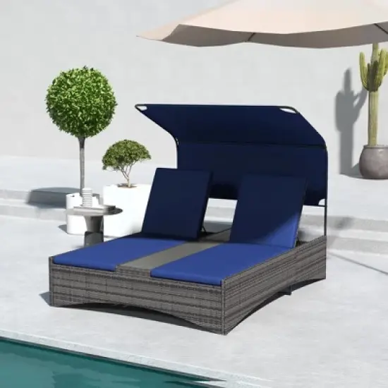 Resenkos Outdoor Elegance PE Rattan Double Chaise Lounge, Reclining Daybed With Canopy, Composite Wood-Plastic Middle Table, Dark Blue image {2}