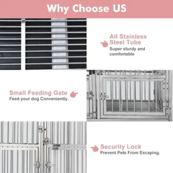 48 Inch Heavy Duty Dog Crate - Stainless Steel Kennel with Wheels, Double Door & Small Door Design, Removable Tray & Sturdy Locks, Silver image {4}