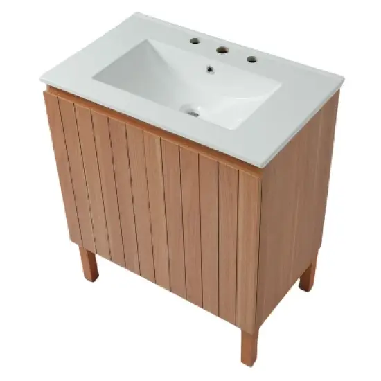 Christopher Knight Home Randi Vintage Minimalist 30" Modern Bathroom Vanity with Ceramic Sink, Antique Natural image {5}
