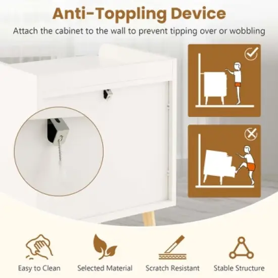 Costway Modern Nightstand End Bedside Table with 2 Rattan Drawers & Solid Wood Legs White image {5}