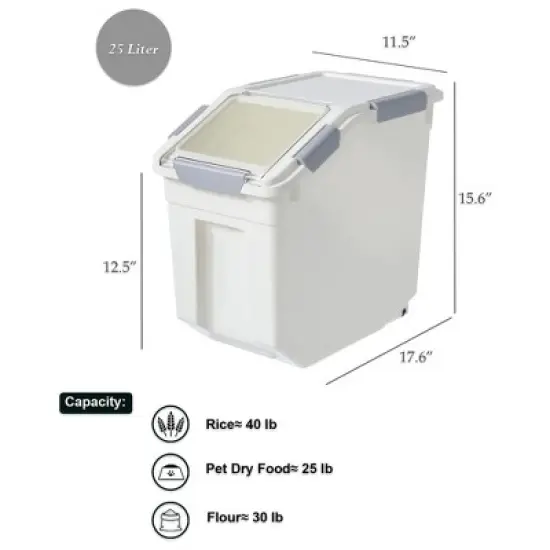 HANAMYA 25 Liter Food Storage Lidded Container with Handle, Wheels, and Measuring Cup for 40 Pounds of Rice, Flour, or Pet Food, White (Set of 2) image {4}
