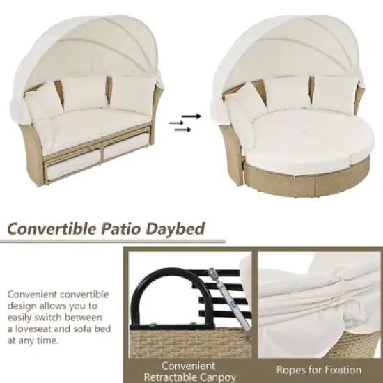 57" Outdoor Patio PE Rattan Round Daybed Sunbed with Retractable Canopy and 4 Pillows image {2}