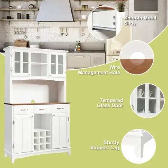 Costway Buffet And Hutch Kitchen Storage Cabinet Cupboard w/ Wine Rack & Drawers White image {8}