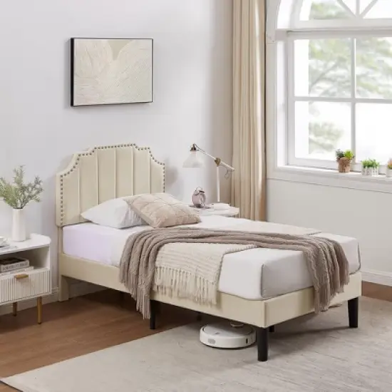 VECELO Upholstered Platform Bed Frame with Tufted Adjustable Headboard, Mattress Foundation, Wood Slat Support, Bed Frame image {10}