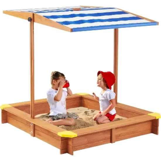 KTMBDW Wooden Sandbox with Lid, Kids Sandbox with Canopy Outdoor, Sandboxes with Covers Foldable Bench Seats for Backyard, Gift for Ages 2-8 image {8}