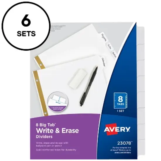 Avery Big Tab Write & Erase Paper Dividers with Gold Reinforcement, 8-Tab Set, White, 6 Sets (21213) image {8}