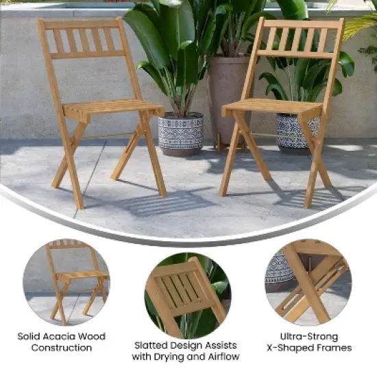 Merrick Lane Set of 2 Solid Acacia Wood Armless Folding Patio Bistro Chairs with Slatted Backs and Seats in Natural Finish image {4}