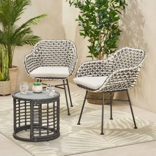 Christopher Knight Home Gulley Outdoor Wicker 3 Piece Chat Set with Cushion, White/Black image {11}