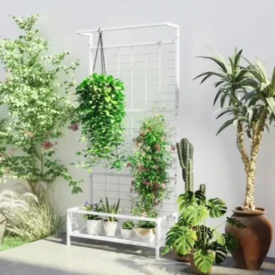 Resenkos Garden Arch Plant Support Trellis,Metal Tall Plant Stand with Trellis and Hanging Bar, 35" x 12.8" x 74", White image {9}