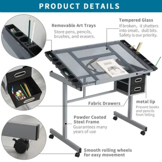 Gulches Adjustable Art Drawing Desk with 2 Fabric Drawers 4 Lockable Wheels 0 70Degree Tilt 2x24inch Pencil Ledge Transparent Glass Top image {1}