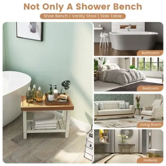 Costway 24'' x 12'' Heavy Duty Waterproof HDPE Shower Bench Stool with Storage Shelf Off White & Brown image {7}