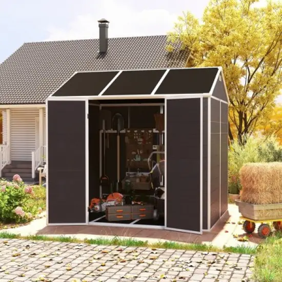 8*7ft Outdoor Storage Shed, Outdoor Resin Shed with Two-Window and Double-Door, Plastic Shed with Floor for Garden, Patio, Yard, Lawn (Dark Gray) image {6}