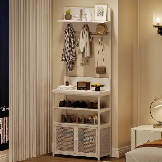 Acekool Hall Tree with Doors, 72.8in Narrow Coat Rack & Shoe Storage, Entryway Organizer with 7 Hooks, Shelves & Mesh Cabinet, White image {3}