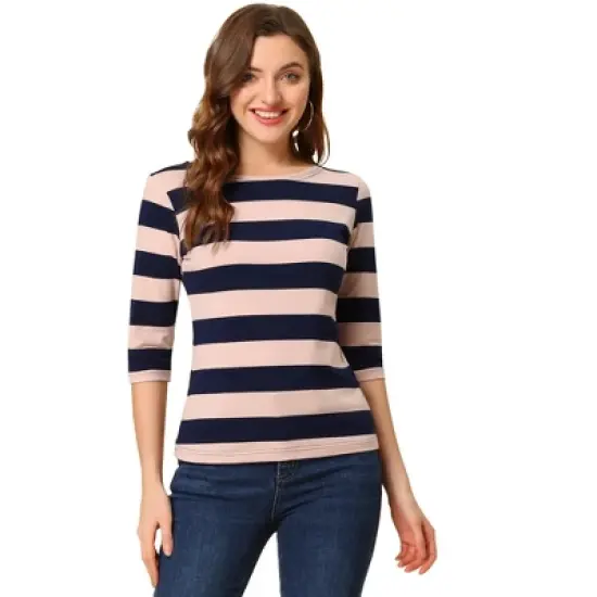 Allegra K Women's Elbow Sleeves Casual Basic Boat Neck Slim Fit T-Shirts image {24}