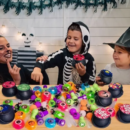 Fun Little Toys 144pcs Prefilled Cauldrons with Halloween Toy Witch Fingers Rings Stickers Stamps Bouncy Balls, Bulk Mini Cauldrons Gifts image {2}