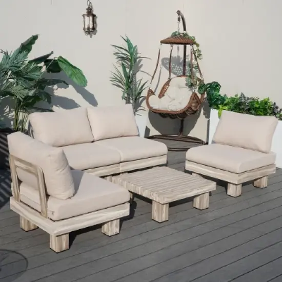Moda Furnishings 4-Person Outdoor Patio Aluminum Wood Grain Sectional Seating Group With Beige Cushions image {1}