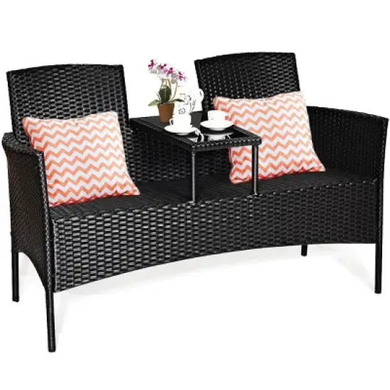 Costway Patio Rattan Conversation Set Seat Sofa Cushioned Loveseat Glass Table Chairs image {5}