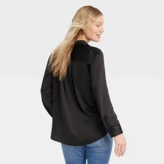 Long Sleeve Satin Button-Front Maternity Shirt - Isabel Maternity by Ingrid & Isabel&trade; image {1}