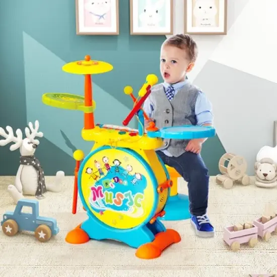 Costway 2-in-1 Kids Electronic Drum Kit Music Instrument Toy w/ Keyboard Microphone Blue image {3}