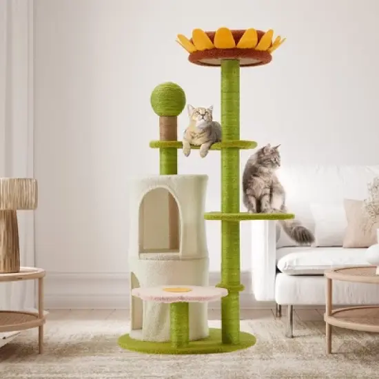 EROMMY 44" Sunflower Cat Tree, Multi-Functional Cozy Cat Tower,Green image {6}