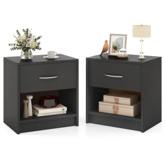 Tangkula 2 PCS Nightstand w/ Drawer Side Table w/ Slide-out Drawer Open Storage Shelf image {10}