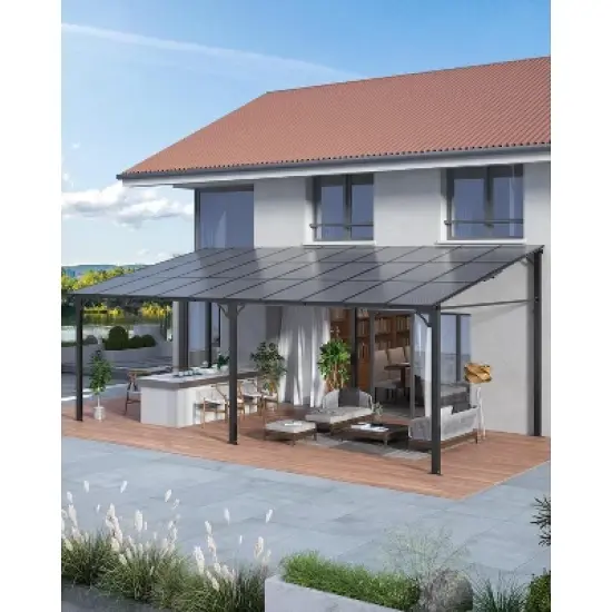 10 x 10 FT Wall Mounted Gazebo, Hardtop Lean-to Pergola with Polycarbonate Roof image {9}