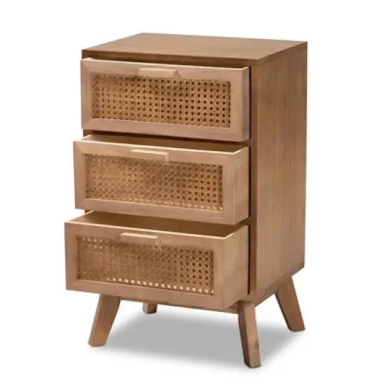 Baden Wood with Rattan 3 Drawer Nightstand Walnut Brown - Baxton Studio image {4}