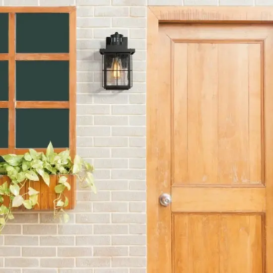 10.5" Metal/Seeded Glass Square Modern Motion Sensor Outdoor Wall Light Matte Black - LNC image {2}