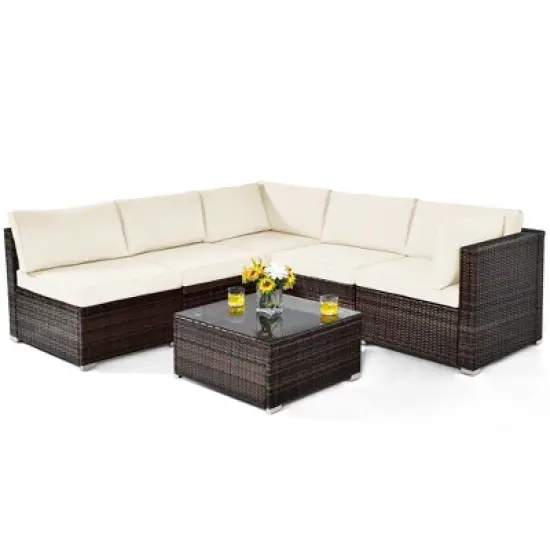 Costway 6PCS Patio Rattan Furniture Set Cushioned Sofa Coffee Table Garden image {1}