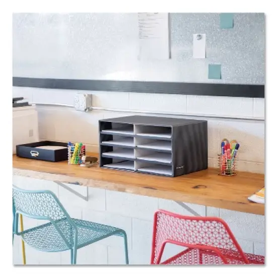 Bankers Box Decorative Sorter, 8 Letter Compartments, 19.5 x 12.38 x 10.25, Black/Gray Pinstripe image {3}