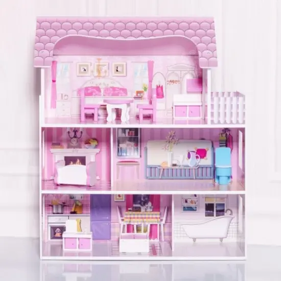 Costway 28'' Pink Dollhouse w/ Furniture Gliding Elevator Rooms 3 Levels Young Girls Toy image {4}