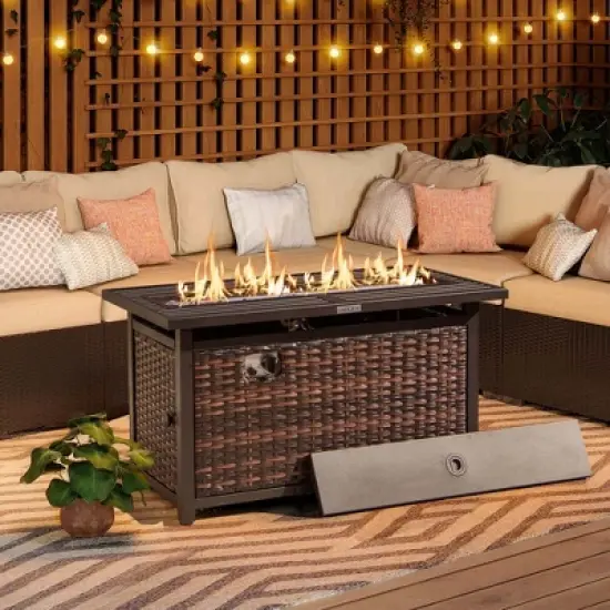 Costway 45" Propane Rattan Firepit Table with Glass Stones & Protective Cover Metal Frame image {3}