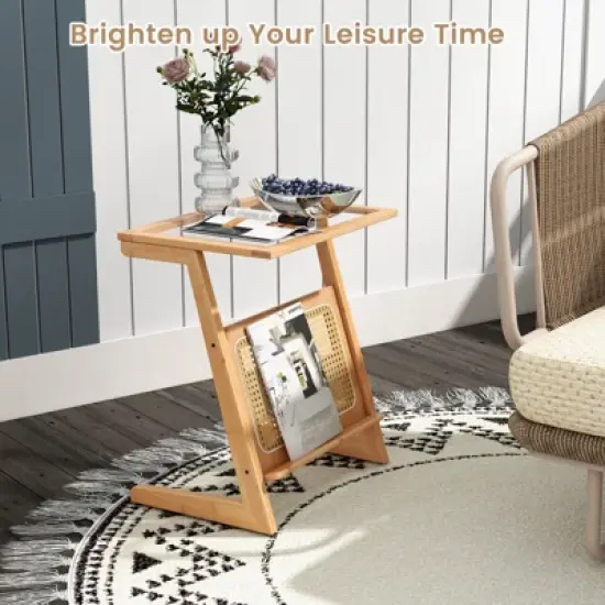 Tangkula 1pc/2pcs Z-shaped Side Table w/ Rattan Shelf Glass Top End Table w/ Magazine Rack Space-saving Sofa side Bedside Table image {3}