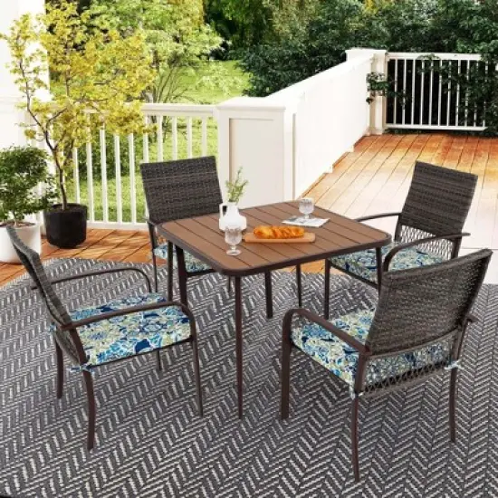 Costway 5 PCS Patio Dining Set with Wood-Plastic Tabletop & Umbrella Hole for Backyard image {3}