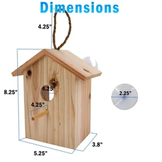 5 Star Super Deals See Through Wooden Window Bird house w/ Large Suction Cups, Hanging Lanyard Rope Birdhouse - Spy Window Nest Box image {5}