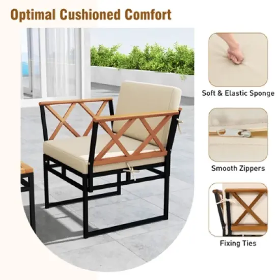 Costway 7 PCS Outdoor Conversation Set Acacia Wood Chairs & Coffee Tables Set with Ottomans image {6}