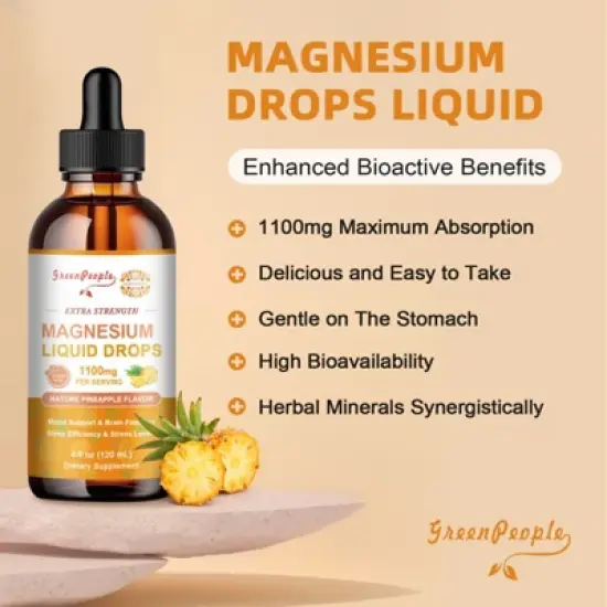 GreenPeople Magnesium Glycinate Liquid Drop, 17-in-1 Triple Absorption, for Calm Mood/Muscle & Sleep, 4 fl.oz (Pineapple Flavor) image {2}