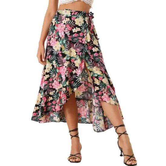 Allegra K Women's Tropical Floral Print Ruffle Self Tie Knot Split Beach Wrap Midi Skirt image {6}