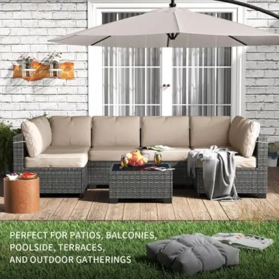 7-Piece Outdoor Patio Furniture Set with Glass Top Coffee Table, PE Rattan Wicker Sectional Modular Conversation Sofa Set w/ Cushions for Patio image {5}