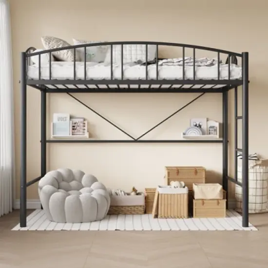 Garvee Loft Bed Twin Size, Heavy Duty Metal Loft Bed Frame with Arched Guardrail and Safety Ladder, Space-Saving, No Box Spring Needed, Black image {3}