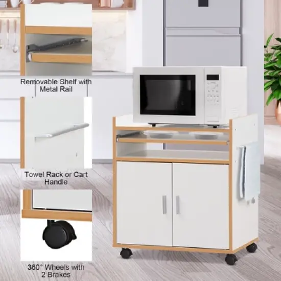 Costway Rolling Kitchen Trolley Microwave Cart Storage Cabinet W/ Removable Shelf White image {6}