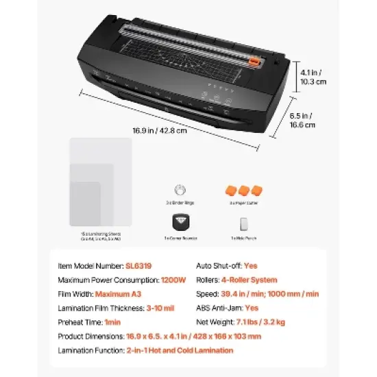 VEVOR Laminator Machine, Cold and Hot Lamination for Max A3 Paper Size, 1 min Quick Warm Portable Laminator, 3-10 mil Thickness, Black image {7}